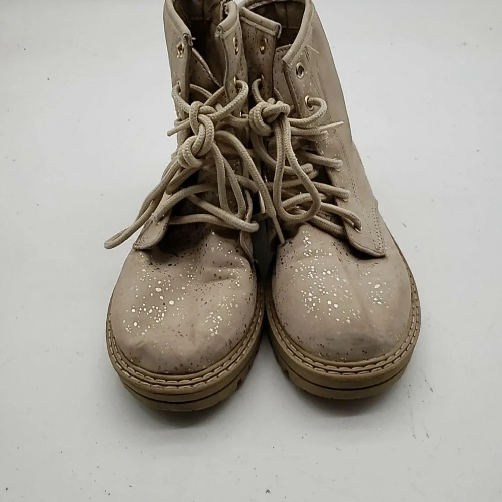 Elia Shoes Kids Size 3 Beige Speckled Combat Ankle Boots Lace Up Zip Lined